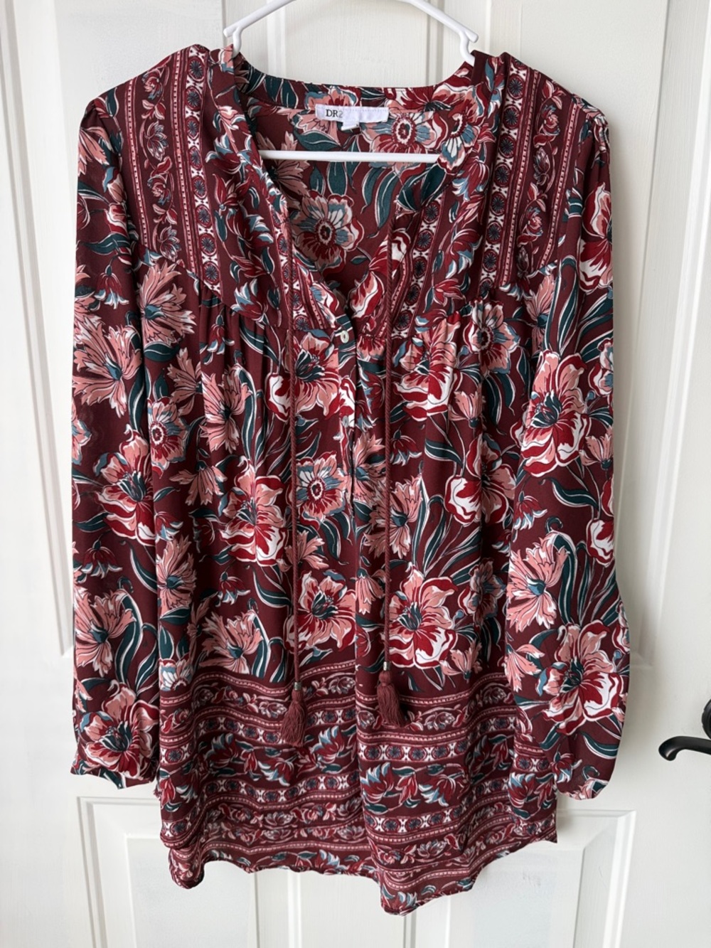 DR2 Burgundy Floral Blouse with Teal and Blush Accents